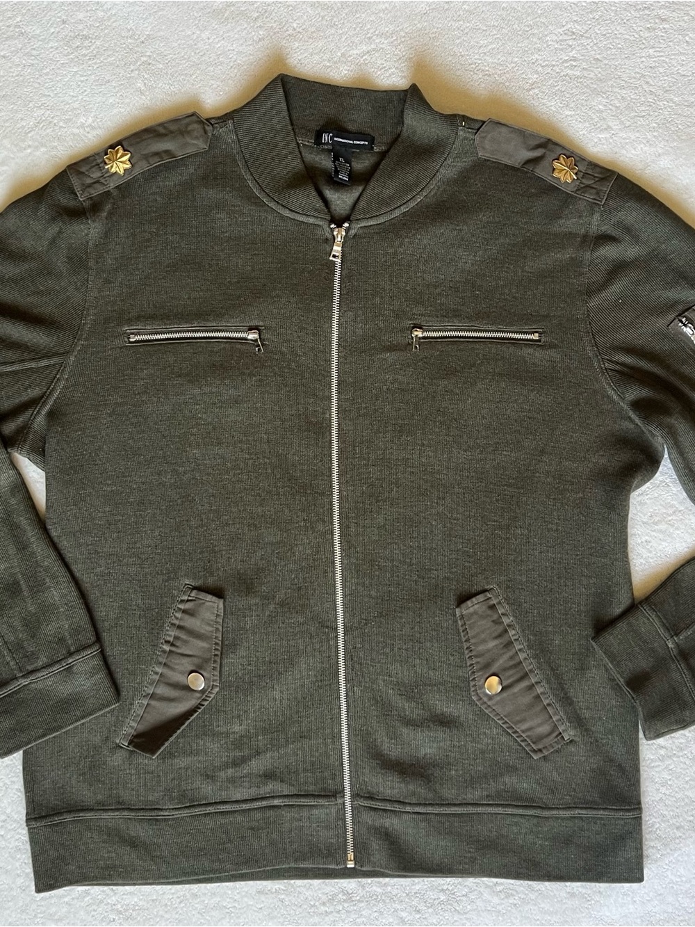INC Mens Olive Green Military Knit Bomber Flight Jacket